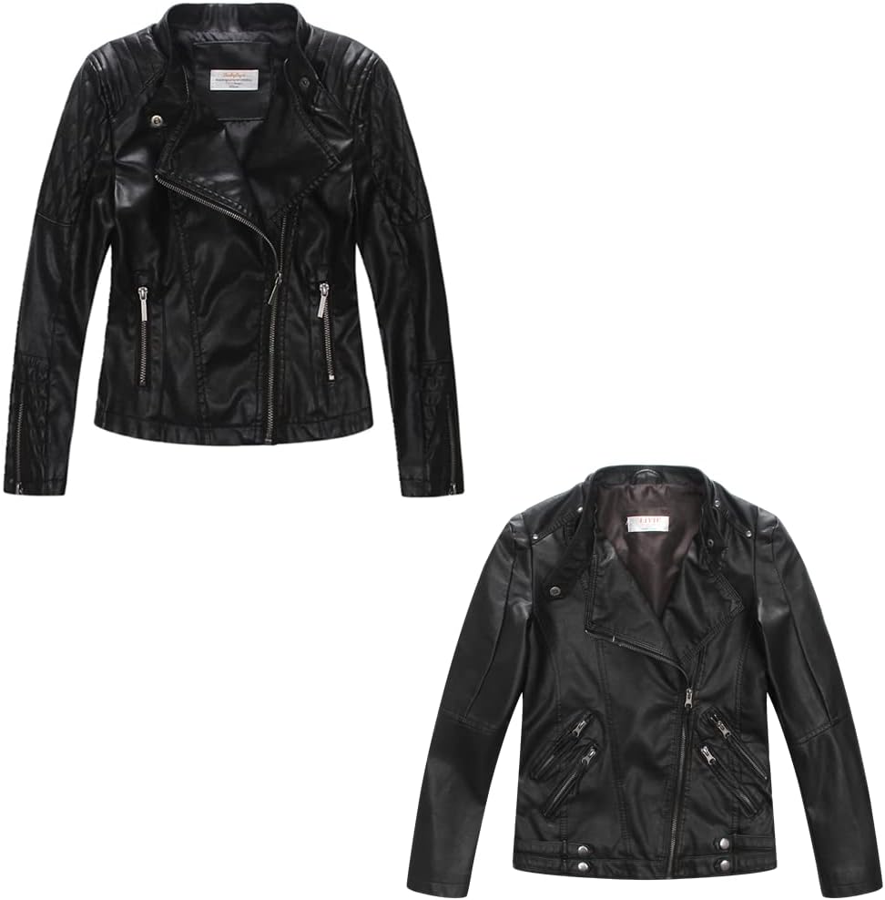 LJYH Girls Faux Leather Quilted Shoulder Motorcycle Jackets Kids Spring Moto Biker Coats Black 5/6 Years Boys Spring Faux Leather Moto Jackets Kids Zipper Fall Coats Outerwear 5-6yrs 120cm