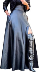 Lexiart Womens High Waisted Sexy Pu Leather Vintage High Split A-Line Swing Long Skirt with Pockets