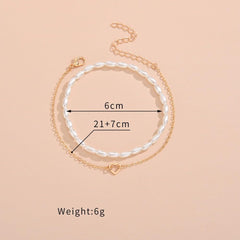 2PCS Gold Heart Rice Bead Anklet, Dainty Elastic Foot Chain, Adjustable Stretch Ankle Bracelet, Minimalist Delicate Jewelry Set (Golden)
