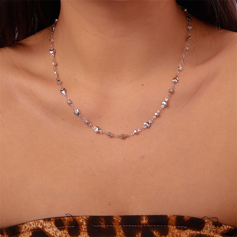 1PC Silver Heart Necklace, Sparkling Crystal Pendant Chain, Elegant Rhinestone Jewelry, Dainty Cubic Zirconia Necklaces for Women, Shimmering Evening Accessory (Silver)