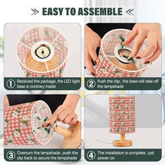 Strawberry Daisy Flower Gingham Bedside Table Lamp Small Desk Lamps Linen Fabric Shade Decorative Nightstand Lamp LED with USB Port Wood Base for Bedroom Living Room