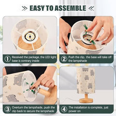 Bedside Table Lamp Cute Gray Hippo Small Desk Lamps Linen Fabric Shade Decorative Nightstand Lamp LED with USB Port Wood Base for Bedroom Living Room