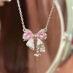 Sweet Pink Bow Necklace Ladies Fashion Sparkling Rhinestone Star Shape Pendant Clavicle Chain Delicate Wedding Accesories Useful