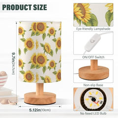Sunflower Print Bedside Table Lamp Small Desk Lamps Linen Fabric Shade Decorative Nightstand Lamp LED with USB Port Wood Base for Bedroom Living Room