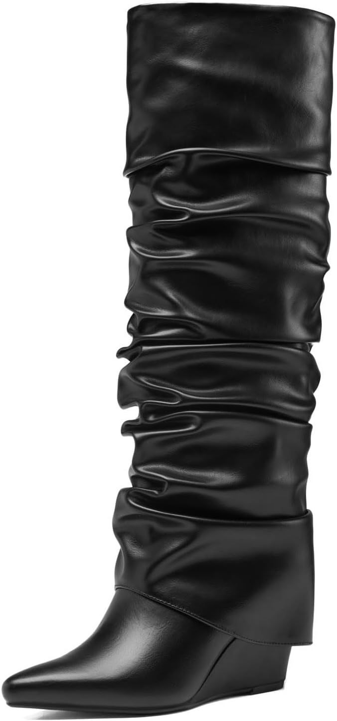 Fold Over Boots for Women Slouched Wedge Heels Knee High Pointed Toe