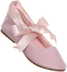 Toddler3 to Youth3 Ballet Flat Girl Shoe with Ribbon Tie in Pink Ivory White Black Gold Silver