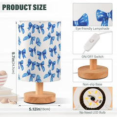 Blue Bow Coquette Bedside Table Lamp Small Desk Lamps Linen Fabric Shade Decorative Nightstand Lamp LED with USB Port Wood Base for Bedroom Living Room