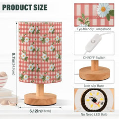 Strawberry Daisy Flower Gingham Bedside Table Lamp Small Desk Lamps Linen Fabric Shade Decorative Nightstand Lamp LED with USB Port Wood Base for Bedroom Living Room