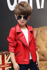 Boys Girls Fashion Trendy Jacket PU Faux Leather Outwear Zipper Short Motor Coat
