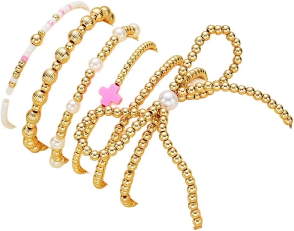 Women's Golden Beaded Bracelet Set, Thick Elastic Exquisite Round Bead Pearl Cross Bow Stacked Bracelet Adjustable Jewelry Set