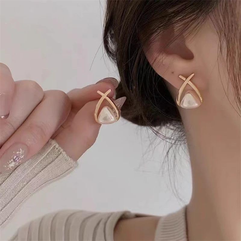 Korean Style Pearl Stud Earrings for Women, S925 Silver Post, Cross-Frame Lightweight Drop Design, Elegant Summer Jewelry