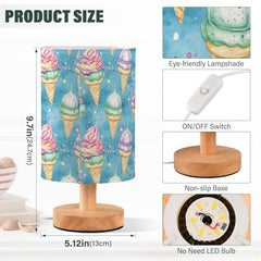Bedside Table Lamp Watercolor Ice Cream Small Desk Lamps Linen Fabric Shade Decorative Nightstand Lamp LED with USB Port Wood Base for Bedroom Living Room