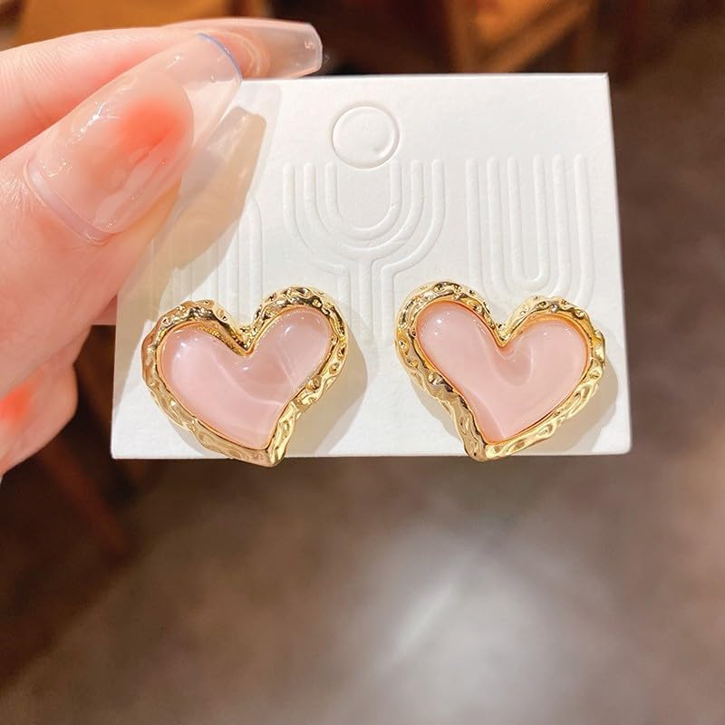 1 Pair Pink Heart Stud Earrings, Fashionable Gold Tone Earring for Women, Delicate Jewelry for Special Occasions, Chic Accessory for Daily Wear(Pink&Gold)
