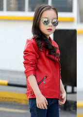 Boys Girls Fashion Trendy Jacket PU Faux Leather Outwear Zipper Short Motor Coat
