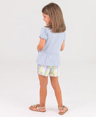 RuffleButts Windsurfer Blue Puff Sleeve Knit Peplum Top - 2T