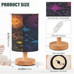 Psychedelic Celestial Sun Moon Bedside Table Lamp Small Desk Lamps Linen Fabric Shade Decorative Nightstand Lamp LED with USB Port Wood Base for Bedroom Living Room