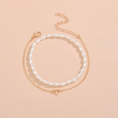 2PCS Gold Heart Rice Bead Anklet, Dainty Elastic Foot Chain, Adjustable Stretch Ankle Bracelet, Minimalist Delicate Jewelry Set (Golden)