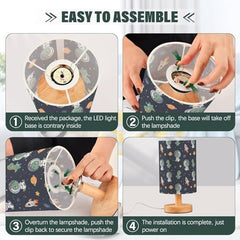 Dinosaur Space Rockets Bedside Table Lamp Small Desk Lamps Linen Fabric Shade Decorative Nightstand Lamp LED with USB Port Wood Base for Bedroom Living Room