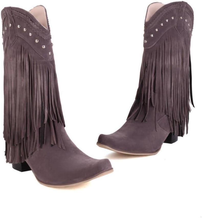 Fringe Cowboy Boots for Women Mid Calf Western Boots Embroidery Cowgirl Pull-On Pointy Toe & Wide - Neutral Causal Comfortable Walking Lightweight Running Standing All Day Trending Fashion Plus Size