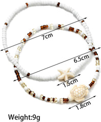 2PCS Star-shaped Turtle Beaded Anklet, Colorful Seed Beads Elastic Foot Chain, Adjustable Stretch Ankle Bracelet, Bohemian Beach Style Jewelry Set (Apricot)