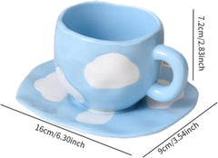 Latte Art Mug with Saucer Ceramic Coffee Cup with Handle Creative Novelty Tea Cup Irregular Saucer for Water Espresso