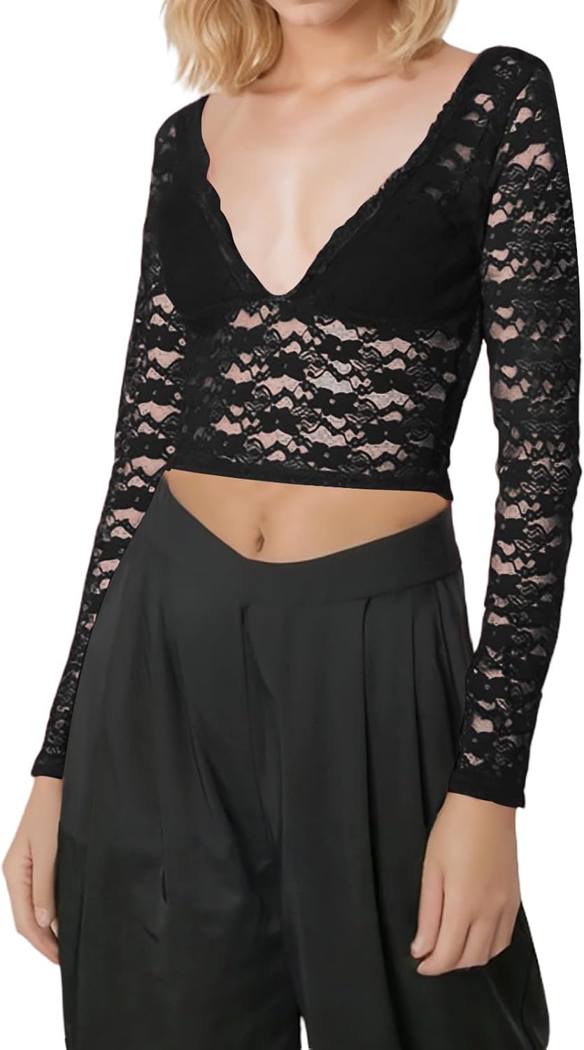 Women Y2K Lace Tops Tees for Teen Girl Neck Long Sleeve T Shirt Solid Pullover Slim Fit Bottom Short T Shirt