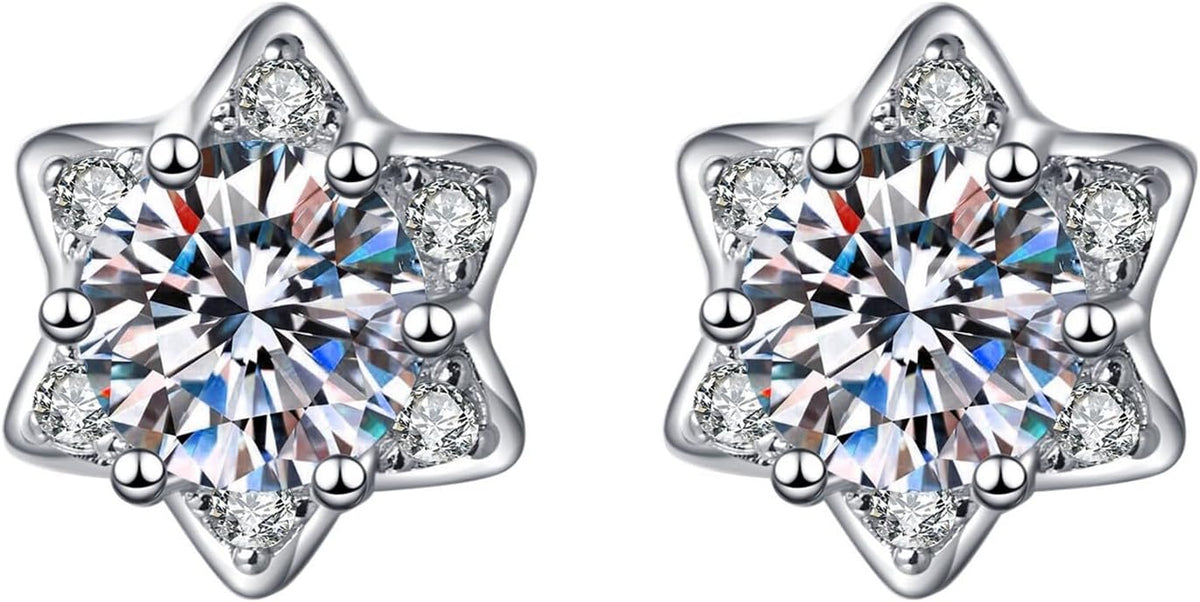 Women Synthetic Diamond Earrings, 18K White Gold Plated Round Square Cubic Zirconia Hypoallergenic Studs Earrings (Another Star)