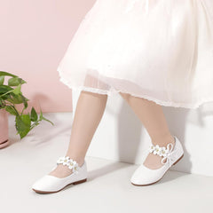 PANDANINJIA Toddler Girls Dress Shoes Flower Girl Flats Pearls Bow Mary Jane Wedding Party Flora Shoes