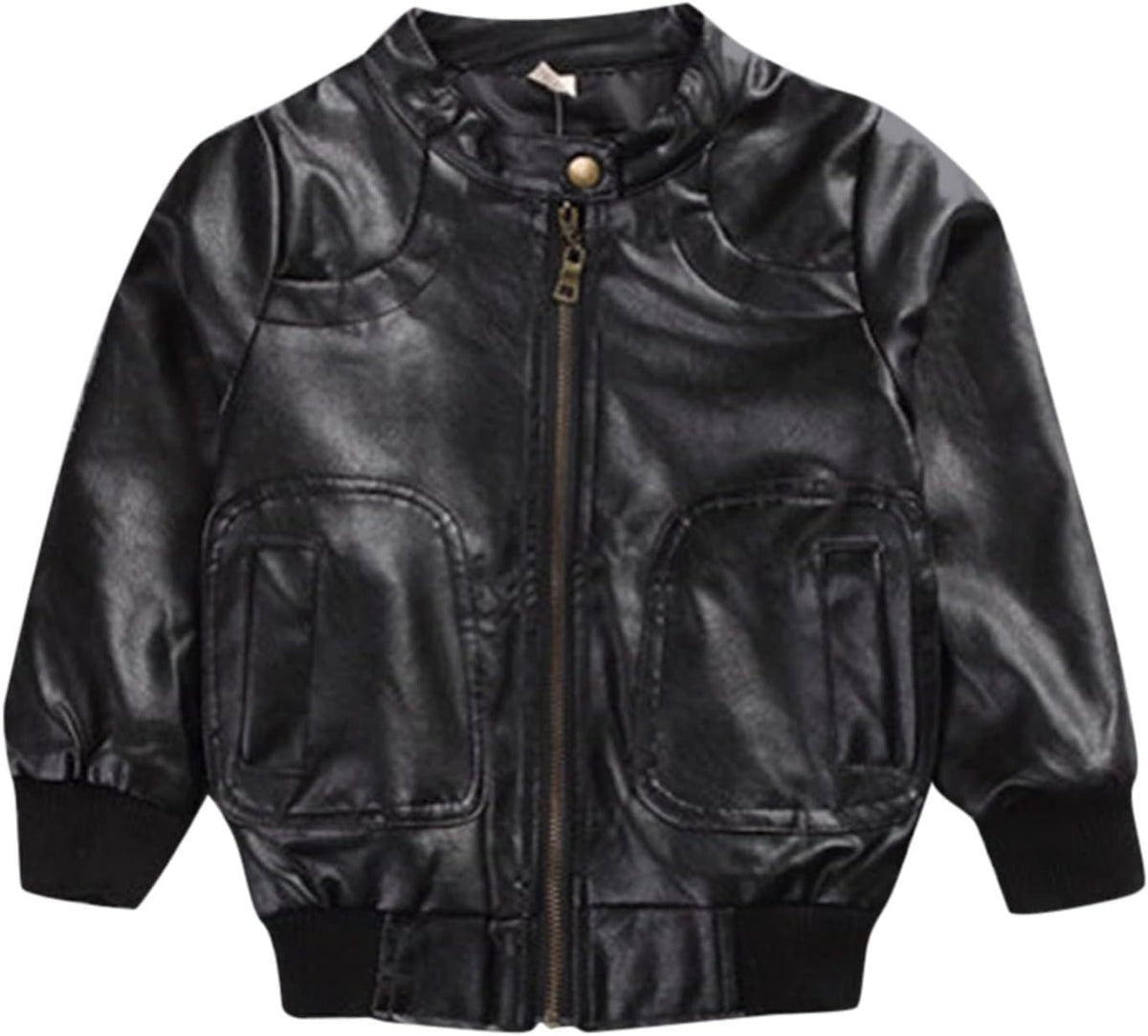 Toddler Boys Outerwear Toddler Kids Little Boys Long Sleeve Faux Leather Zipper Jacket Spring Autumn (Black, 8-9 Years)