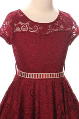 Flower Girl Dress Cap Sleeve Jewel Belt Floral Lace All Over