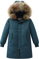 Boys Girls Long Winter Warm Puffer Down Coat Kids Faux Furry Hooded Down Jacket Outerwear (Mint Green, 5-6 Years)