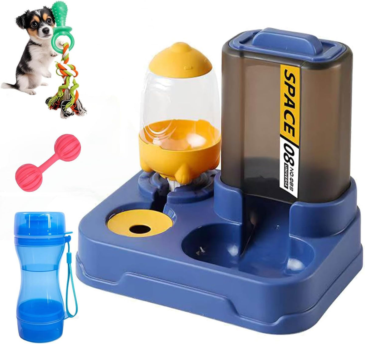 Automatic Dog Cat Feeder and Water Dispenser, 2 in 1 Gravity Food Feeder and,Waterer Set with Pet Food Bowl for,Small Medium Dog Puppy Kitten - A Dual-use cup1;Pet toys2.4PCS