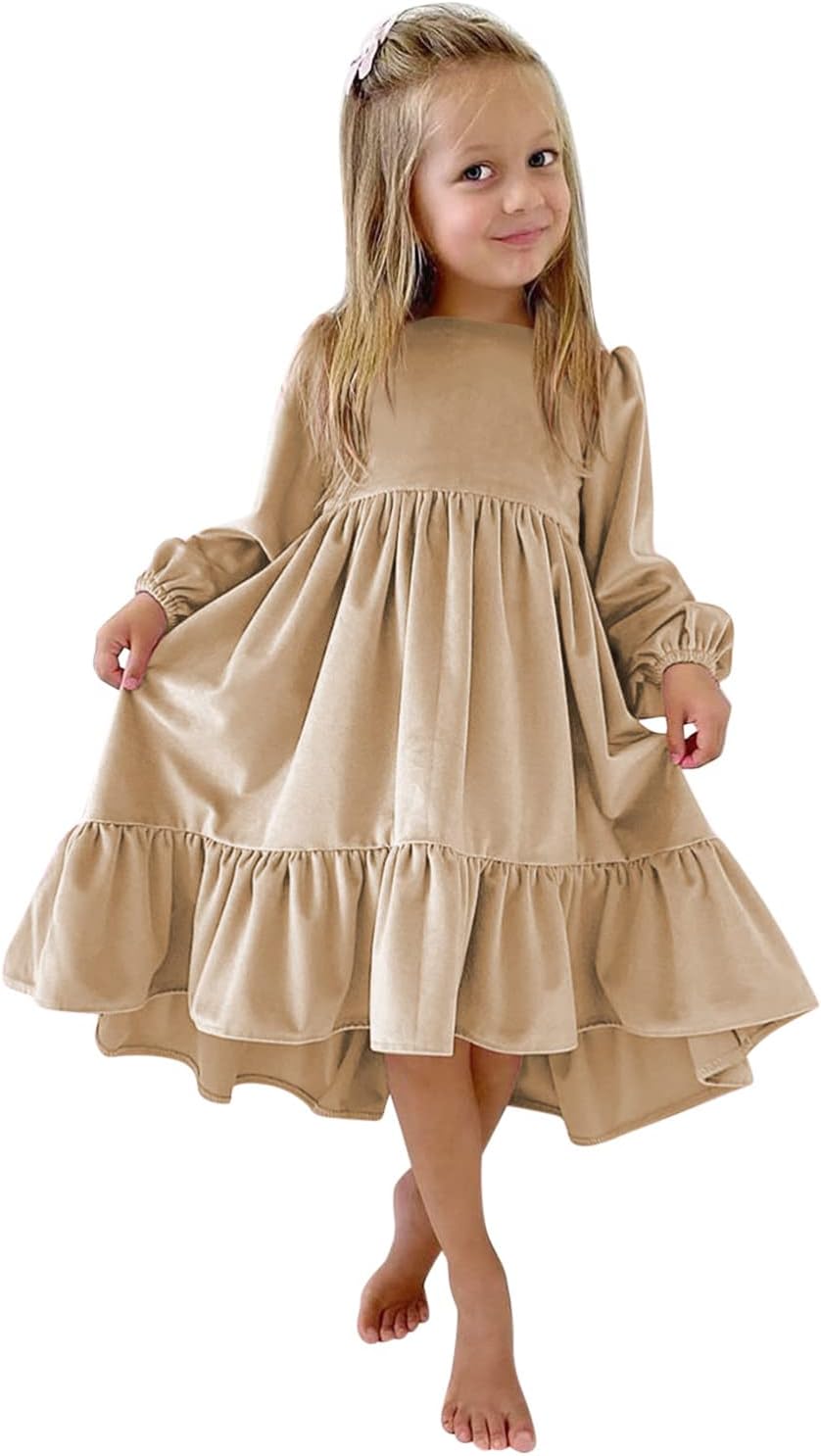 Flower Girls Sequin Lace Tulle Kids Little Girls Daily Dress Autumn Long Sleeve Solid Irregular (Khaki, 11-12 Years)