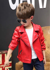 Boys Girls Fashion Trendy Jacket PU Faux Leather Outwear Zipper Short Motor Coat