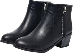 Women's Black Faux Leather Mid-Calf Boots - Low Block Heel with Side Zipper & Perforated Detail, Round Toe Comfort Booties for Fall/Winter (9.7cm Shaft, 5.7cm Heel)
