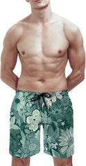 Men's Swim Trunks Green Flowers Beach Shorts Quick Dry Summer Bathing Suit Swimwear Beachwear with Pockets