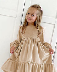Flower Girls Sequin Lace Tulle Kids Little Girls Daily Dress Autumn Long Sleeve Solid Irregular (Khaki, 11-12 Years)