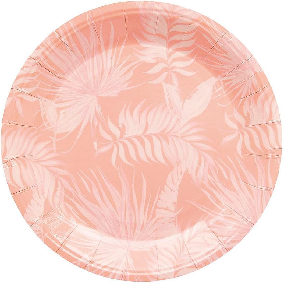 Fun Express 7 1/4" Pink Tropical Leaf Round Disposable Paper Dessert Plates - 8 count