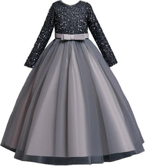 Girls Vintage Flower Lace 3/4 Sleeves Formal Wedding Party Dance Long Sleeves Party Dresses (Grey, 9-10 Years)