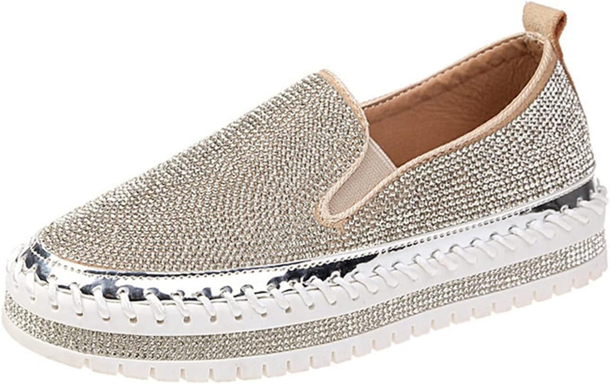 HINDOLA Women's Sparkly Fashion Sneakers Rhinestone Slip on Flatform Loafers Low Top Bling Casual Walking Shoes