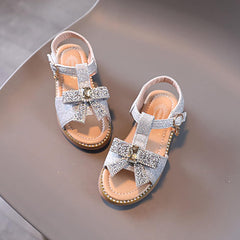 Toddler Girl Sandals Girls Bow Infant Kids Open Toe Crystal Sandals Toddler Shoes Princess Girl's Shoes (Silver, 12.5 Little Kid)