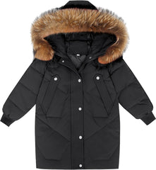 Girls Boys Winter Outerwear Hooded Down Coat Packable Lightweight Warm Puffer Down Jacket with (Black, 14-15 Years)