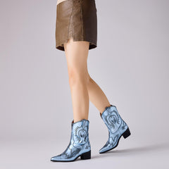 Cowboy Boots for Women Embroidered Metallic Ankle Western Cowgirl Boots Pointed Toe Chunky Heel