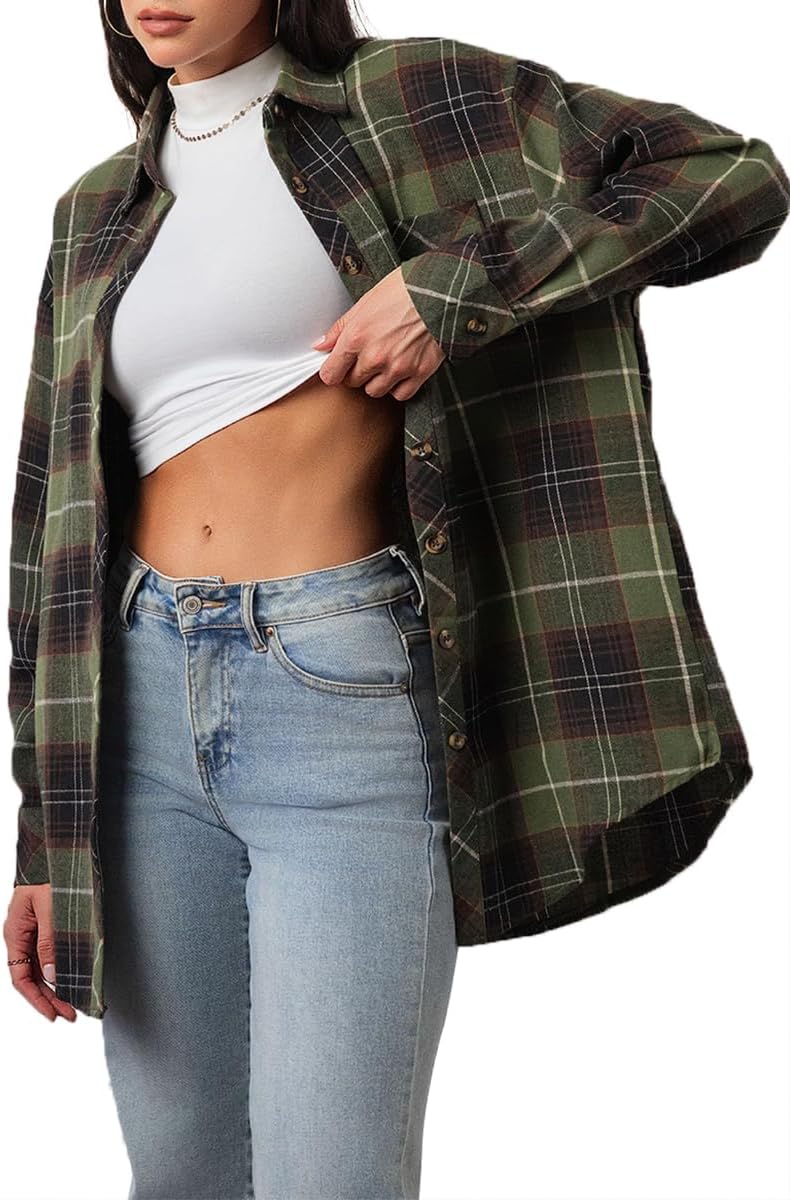 CHYRII Womens Button Down Flannel Shirts Long Sleeve Plaid Shackets Business Casual Blouse Top