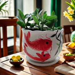 Ceramic Garden Pot Planter with Drainage Hole,Home/Garden Modern Flower Planter Pot with Saucer/Tray - Outside Red Fish Design,Red Goldfish Pattern