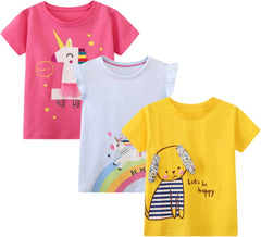 Little Girls' Short Sleeve Shirt Tee Cotton Casual Graphic Easter Pink Unicorn Yellow Bunny Summer Crewneck Tunic T-Shirts Tops Tee 3 Packs Sets Size 6