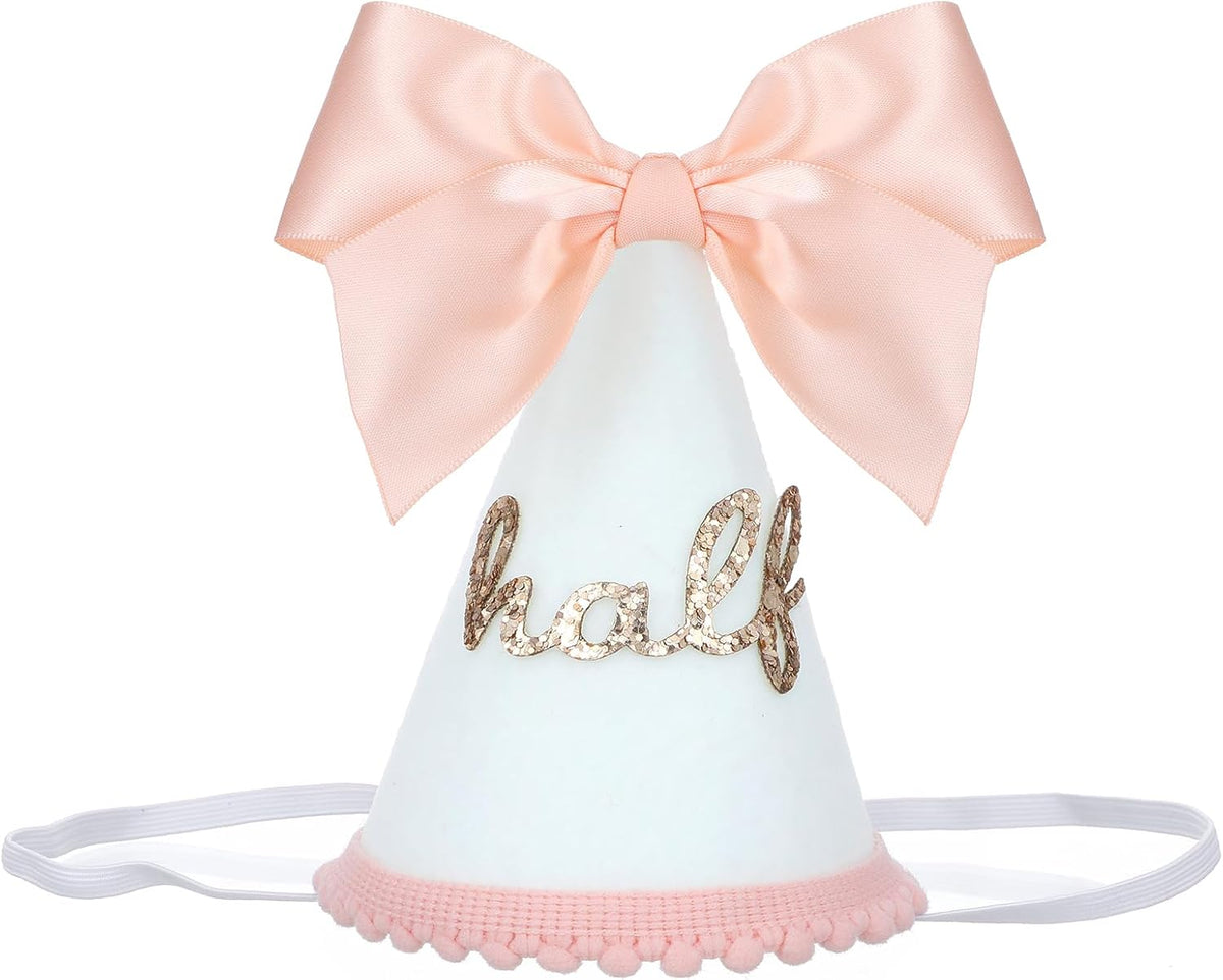 Half Birthday Hat, Bow Glitter Pink Princess Cone Crown, Boho Sweet Party Hat with Bow, 6 Months Birthday Small Decoration, Cake Parties Photo Props, Pink Party Supplies