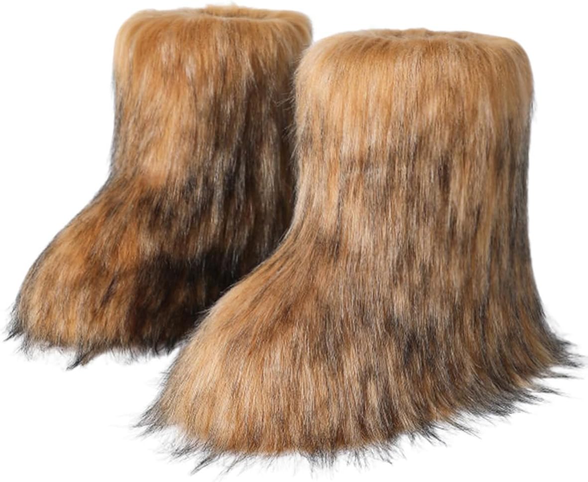 Women's Faux Fur Boots Size 9 - Mid-Calf Winter Snow Boots with Fluffy Lining, Y2K Fashion Warm Shoes for Women