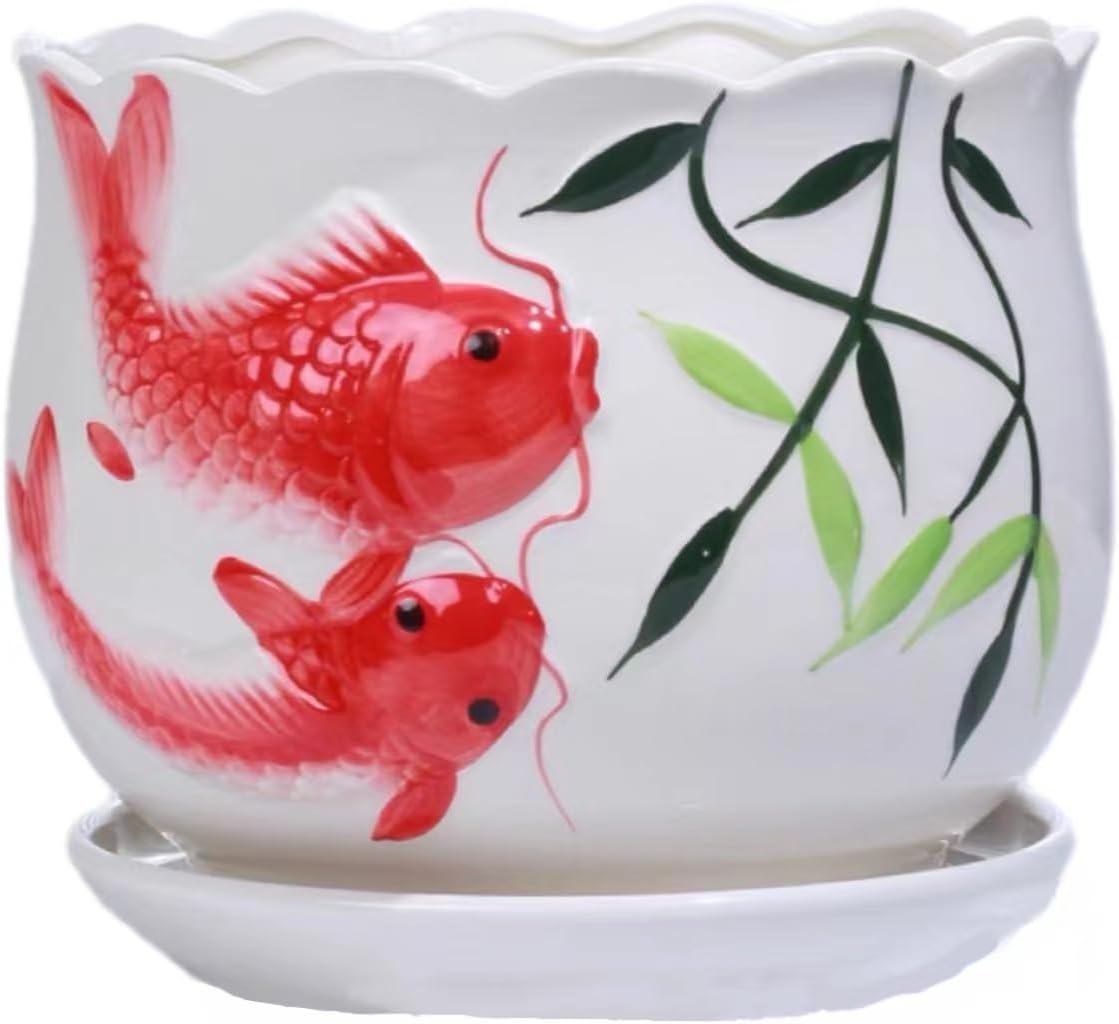 Ceramic Garden Pot Planter with Drainage Hole,Home/Garden Modern Flower Planter Pot with Saucer/Tray - Outside Red Fish Design,Red Goldfish Pattern