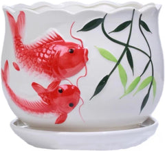 Ceramic Garden Pot Planter with Drainage Hole,Home/Garden Modern Flower Planter Pot with Saucer/Tray - Outside Red Fish Design,Red Goldfish Pattern